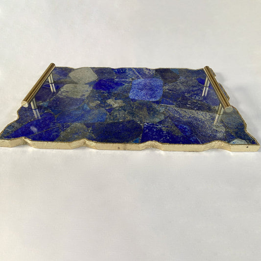 Large Lapis Lazuli Serving Tray With Plain Modern Brass