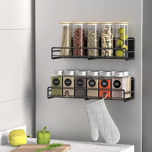 HuggieGems 2 Pack Magnetic Spice Rack Organizer for Refrigerator and Microwave Oven Metal Fridge Shelf for Kitchen Matt Black