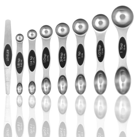 Magnetic Measuring Spoons Set of 8 with Leveler Stainless Steel Metal Measuring Spoon Dual Sided for Measuring Dry and Liquid Ingredients Teaspoon Tablespoon Measure Spoons (Black)