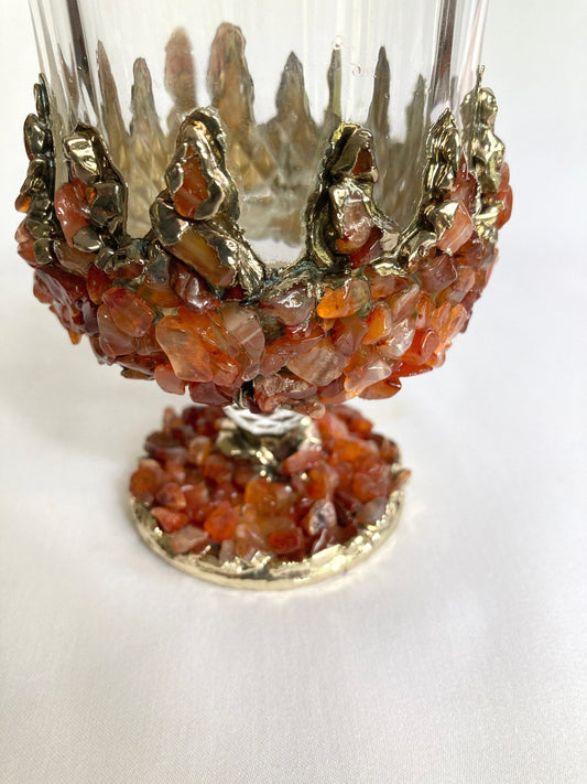 Set of 2 |Crystal Wine Glasses with Gold Plated Red Agate/Quartz