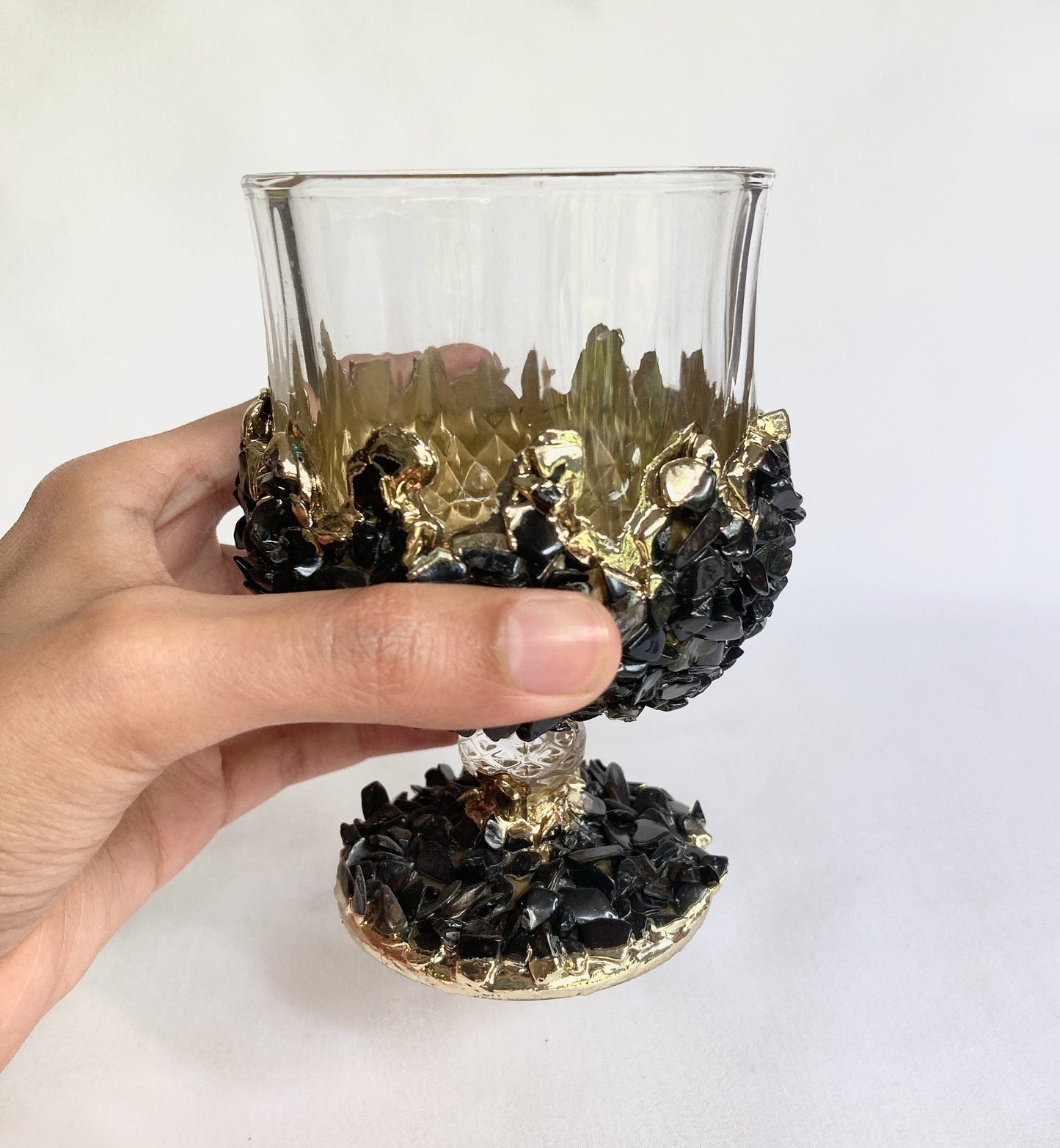 Set of 2 |Crystal Wine Glasses with Gold Plated Back Agate/Quartz