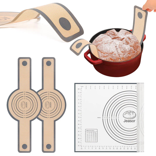 Jeasor 3 PCS Silicone Baking Mat Set Silicone Bread Sling for Dutch Oven Reusable Sourdough Bread Baking Supplies Non-Stick and Easy Clean with Long Handles