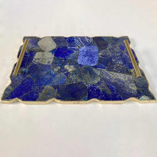 Large Lapis Lazuli Serving Tray With Plain Modern Brass
