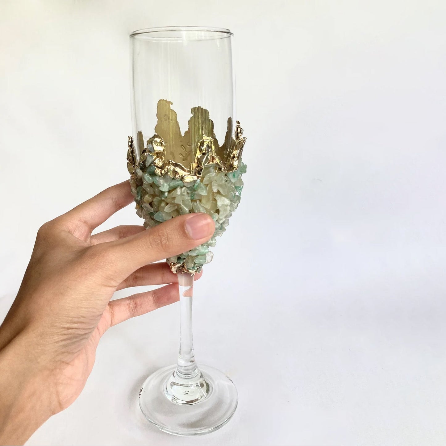 Set of 2 |Crystal Wine/Champagne Glasses with Gold Plated Light Green