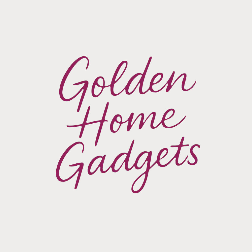 Logo of Golden Home Gadgets with a pink text on a white background