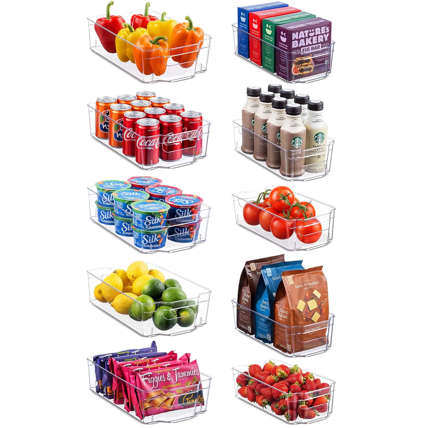 Set Of 10 Refrigerator Organizer Bins - 5 Wide and 5 Narrow Stackable Fridge Organizers for Freezer Kitchen Countertops Cabinets - Clear Plastic Pantry Storage Rack