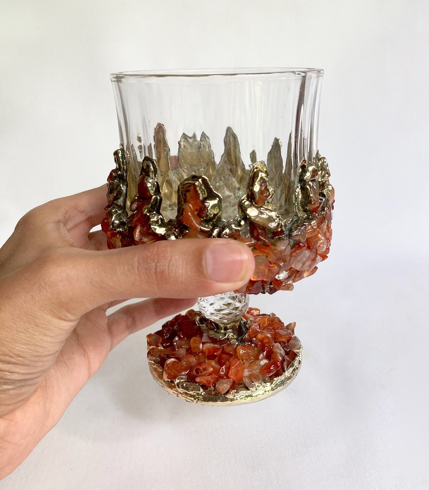 Set of 2 |Crystal Wine Glasses with Gold Plated Red Agate/Quartz