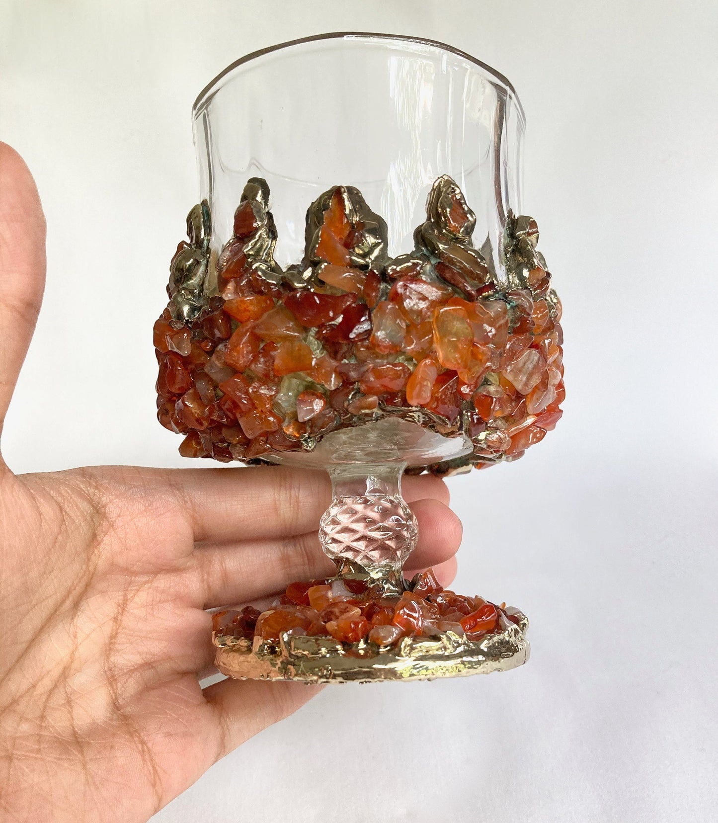 Set of 2 |Crystal Wine Glasses with Gold Plated Red Agate/Quartz