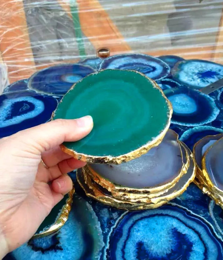 Natural Agate Coaster with Gold Foil Edge (Blue-Green)